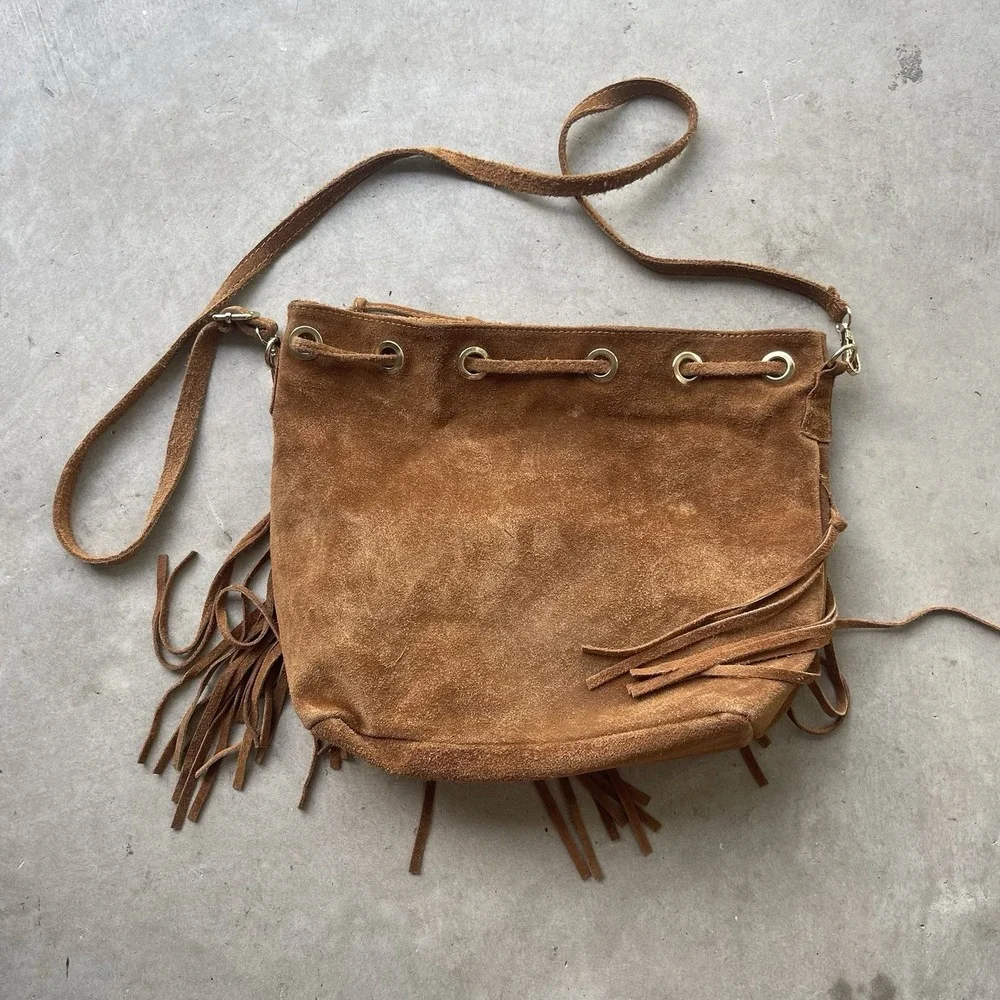 Womens Brown‎ Fringe Hobo Shoulder Bag Zip Closure Boho Western Made In Italy
